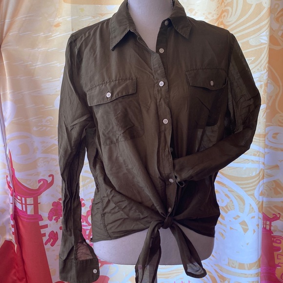 RALPH LAUREN LONG SLEEVE BUTTON UP TIE WAIST SZ L SILK SHIRT - Picture 1 of 4